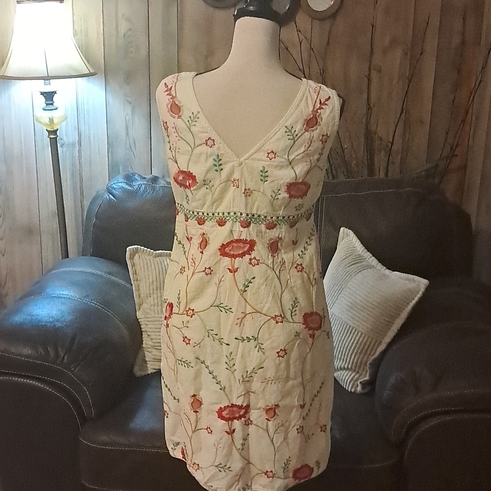 Floral Embroidered Midi Dress Cream/Red Size M Boho Festival Hippie Cottagecore - Picture 6 of 8